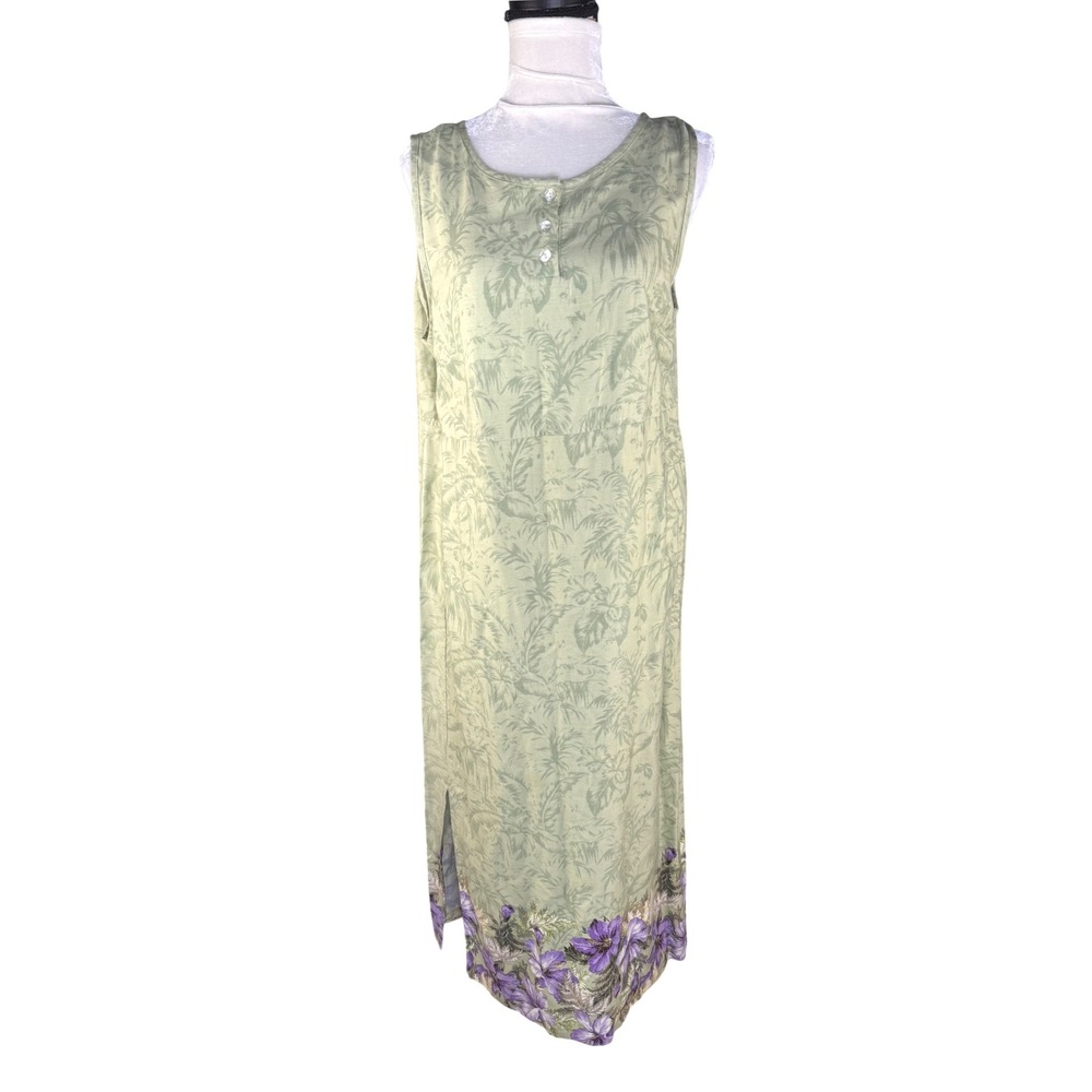 Koret Petites Women Large Sage Green Tropical Floral Rayon Sleeveless Maxi Dress